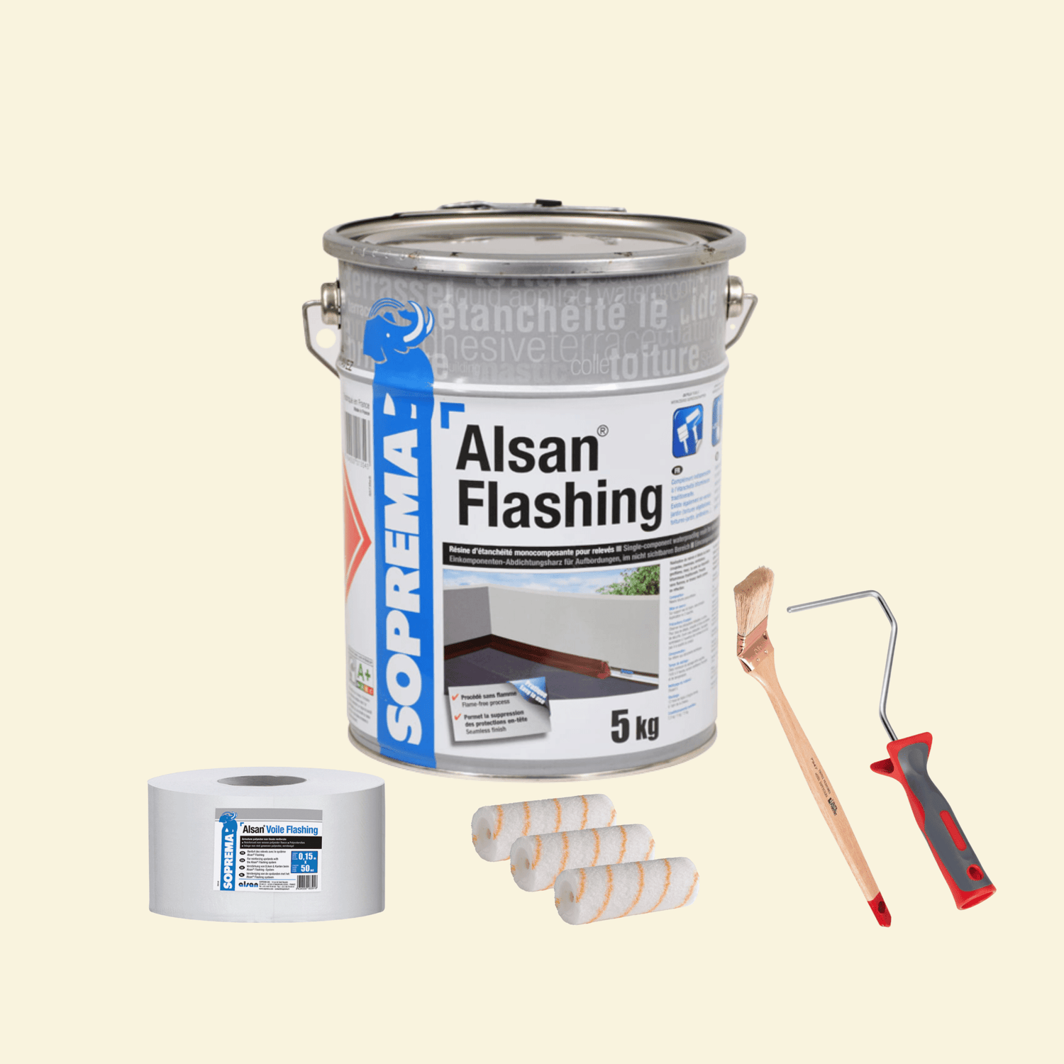 Visuel d’accueil – Pack Soprema Alsan Flashing 5 kg avec résine d’étanchéité toiture, armature, rouleaux et outils – Brimar