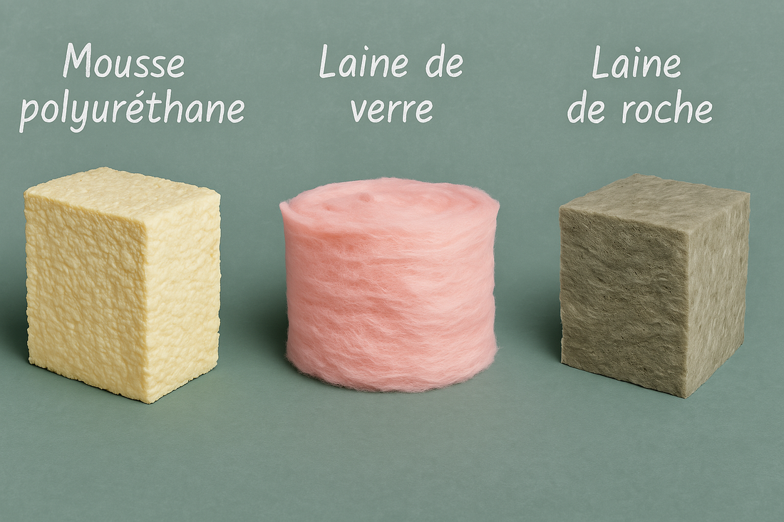 Comparatif visuel entre mousse polyuréthane, laine de verre et laine de roche