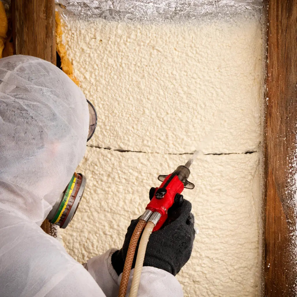 Projection de mousse polyuréthane entre montants bois avec le système Soudal MAXTWO