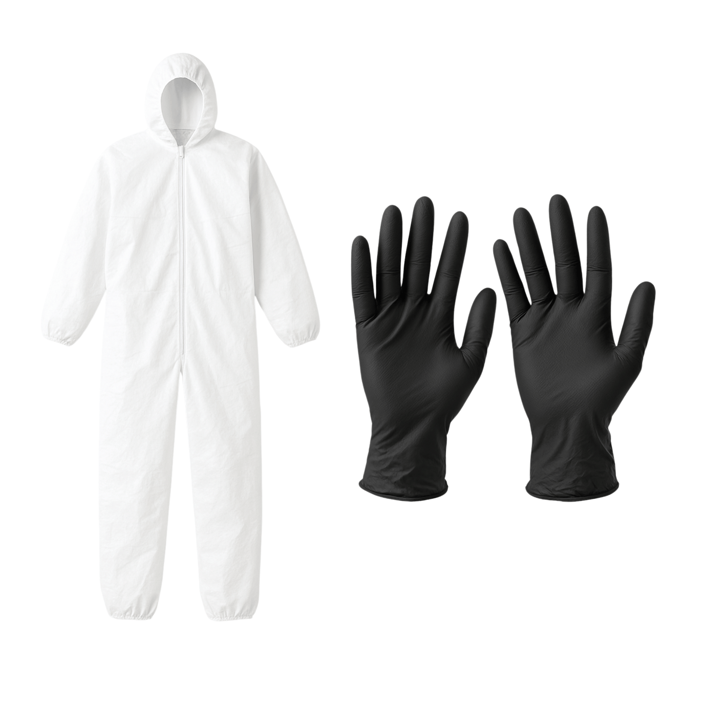 EPI fournis dans le pack ALSAN FLASHING : combinaison jetable blanche et gants nitrile noirs