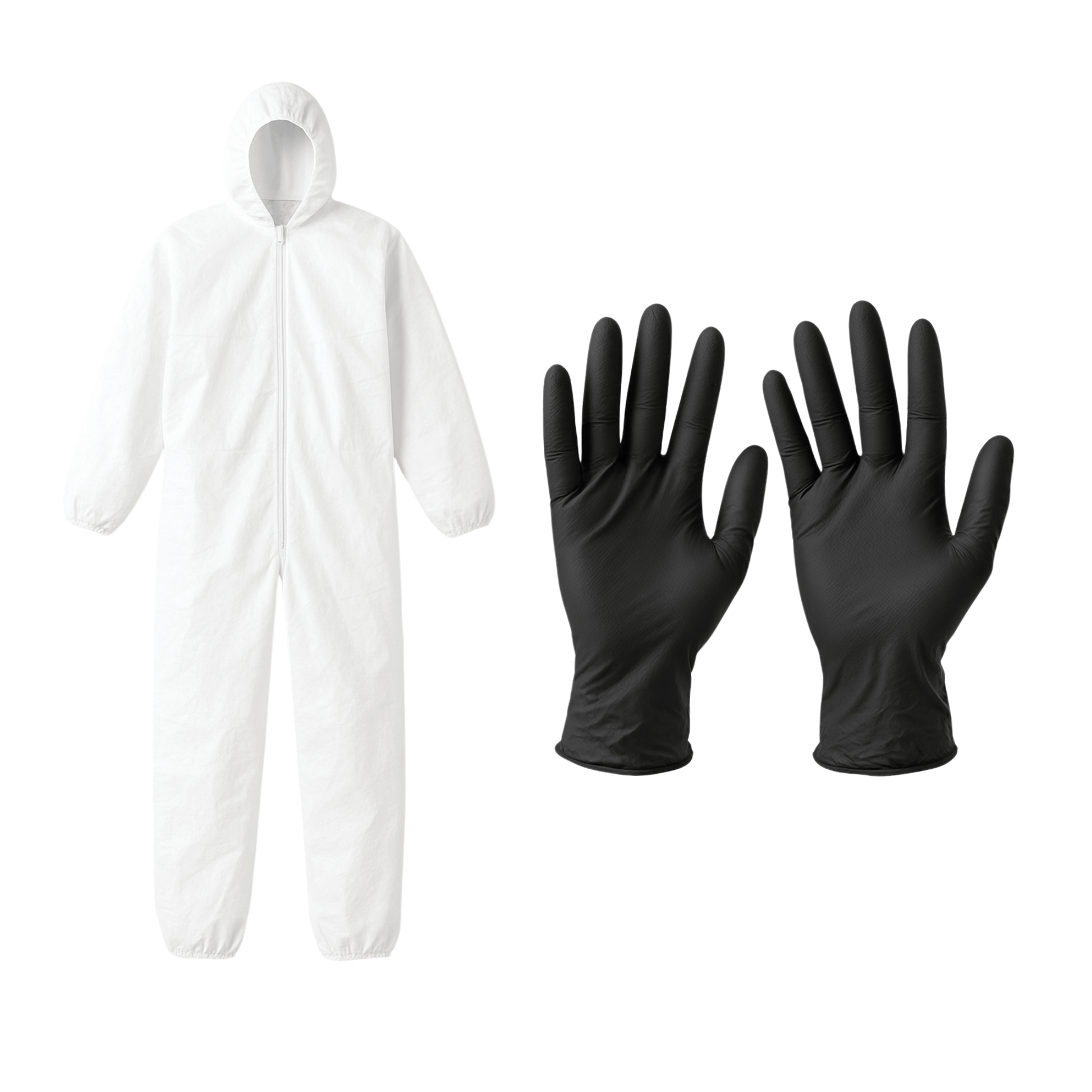 EPI fournis dans le pack ALSAN FLASHING : combinaison jetable blanche et gants nitrile noirs