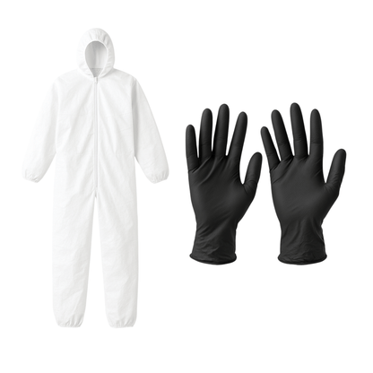 EPI fournis dans le pack ALSAN FLASHING : combinaison jetable blanche et gants nitrile noirs