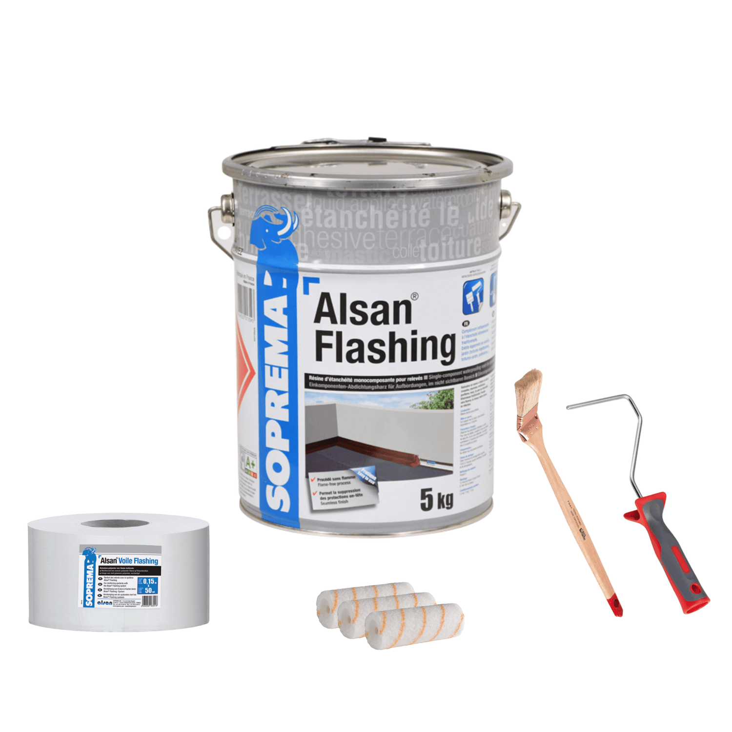 Pack ALSAN FLASHING avec bidon d’enduit bitume/PU, armature, pinceau et rouleau – Brimar